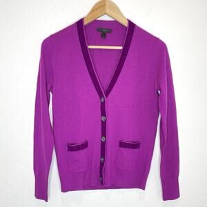 J Crew Harlow Velvet Trim Cardigan Sweater Womens XS Purple Merino Wool